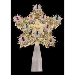 VTG Gold Tinsel Tree Topper Pom Pom Starburst 10 Lights